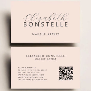 Cartão De Visita Artista de Maquiagem Elegante Código QR Rosa Bege