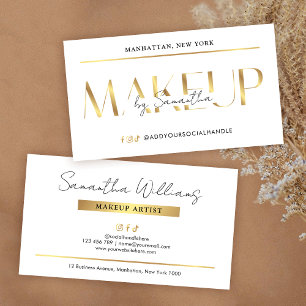 Cartão De Visita Artista de Maquiagem Elegante Glam Branco e Dourad