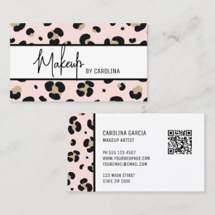 Cartão De Visita Artista de Maquiagem Estampa de Leopardo Rosa Bege