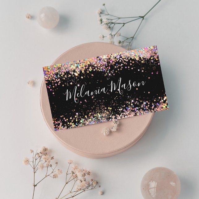 Cartão De Visita Artista de Maquiagem Holográfica Elegante Preto (Criador carregado)