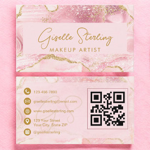 Cartão De Visita Artista de Maquiagem Luxo Código QR Ágata Rosa Dou