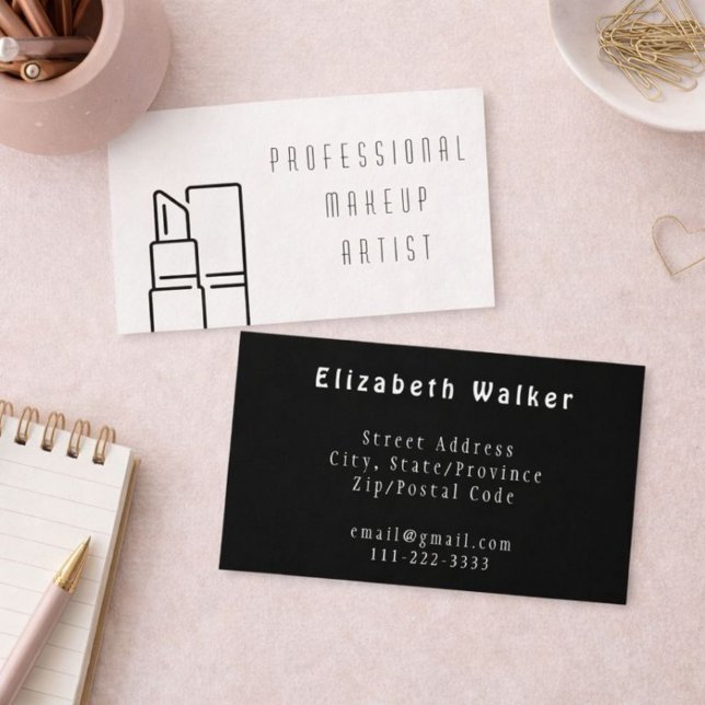 Cartão De Visita Artista de maquiagem moderna, branco e preto (Criador carregado)