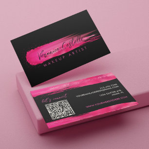 Cartão De Visita Artista de Maquiagem Preto e Rosa Quente Tinta