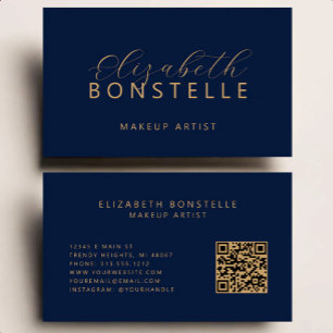 Cartão De Visita Artista de Maquiagem QR Code Azul Marinho Dourado