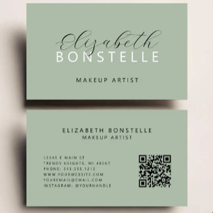 Cartão De Visita Artista de Maquiagem QR Code Verde Sage Elegante