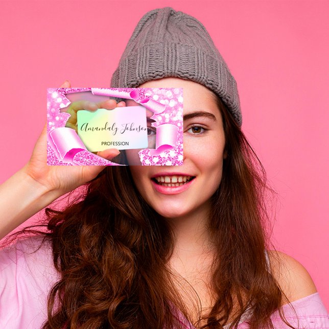 Cartão De Visita Artista de maquiagem rosa com efeito holográfico 3 (Criador carregado)