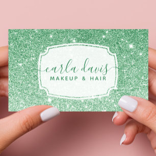 Cartão De Visita Artista de Maquiagem Verde Esmeralda Moderno Glitt