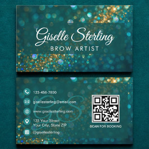 Cartão De Visita Artista de Névoa Teal Dourada Glitter QR Code Luxu