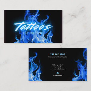 Cartão De Visita Artista de Tatuagem Chamas Neon Azul Modernas