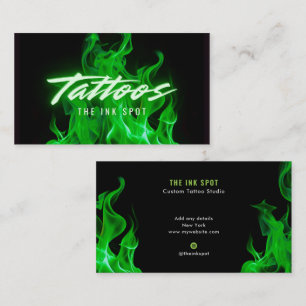 Cartão De Visita Artista de Tatuagem Chamas Neon Verdes Modernas