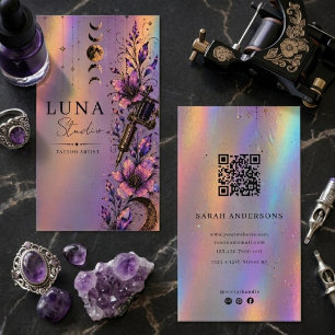 Cartão De Visita Artista de Tatuagem Holográfico Luxo QR 