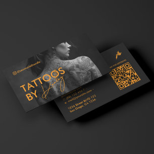 Cartão De Visita Artista de Tatuagem Laranja Foto BW Tatuador Minim