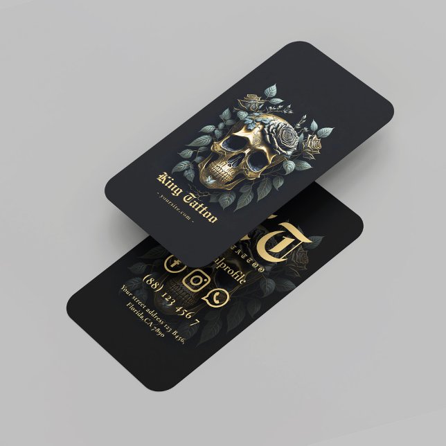 Cartão De Visita Artista de Tatuagem Moderna Caveira Dourada Monogr (Modern Tattoo Artist Skull Black Gold Monogram Business Card
)