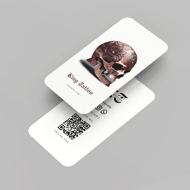 Cartão De Visita Artista de Tatuagem Moderna Rosegold Skull Qr Code (Modern Tattoo Artist Rosegold Skull Qr Code White Business Card
)