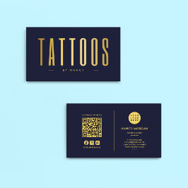 Cartão De Visita Artista de Tatuagem Navy e Dourado Código QR e Log