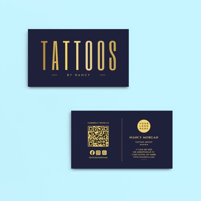 Cartão De Visita Artista de Tatuagem Navy e Dourado Código QR e Log (Criador carregado)