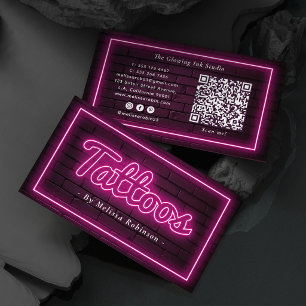 Cartão De Visita Artista de Tatuagem Neon Rosa Parede de Tijolo Pre
