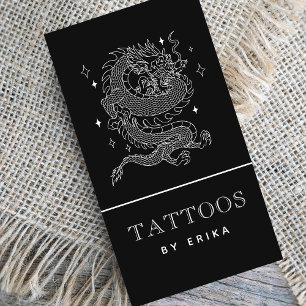 Cartão De Visita Artista de Tatuagem Preto e Branco Dragão Místico