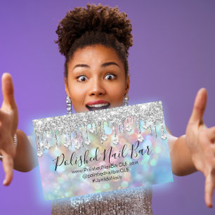 Cartão De Visita Artista de unhas Blue Holographic Diamond Silver