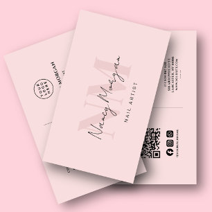Cartão De Visita Artista de Unhas Blush Rosa Monograma Código Qr Lo