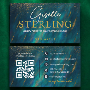 Cartão De Visita Artista de Unhas Código QR Pedra Opala Verde Escur