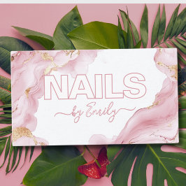 Cartão De Visita Artista de Unhas de Mármore Rosa e Dourada