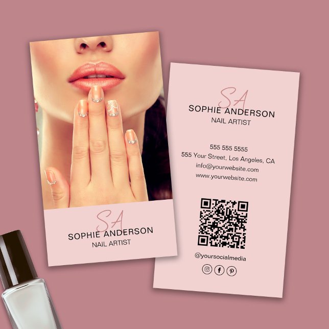 Cartão De Visita Artista de unhas do Monograma Moderno Rosa (Modern Monogram Nail Artist Pink Business Card)