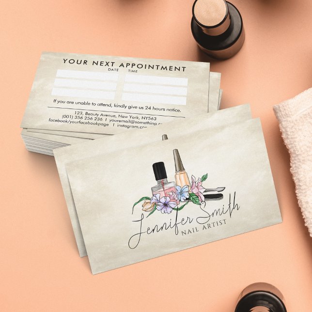Cartão De Visita Artista de unhas - Ilustração floral de aquarela (Criador carregado)