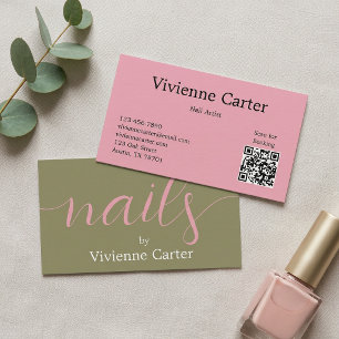 Cartão De Visita Artista de Unhas Olive Green Pink Script