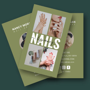 Cartão De Visita Artista de Unhas Verde Oliva Vertical 4 Foto Grid
