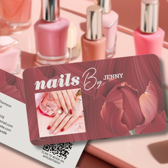 Cartão De Visita Artista do Elegant Retro Na moda Red Abstrato Unha (Criador carregado)