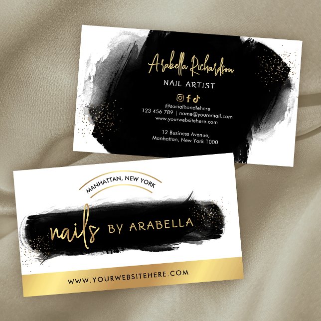Cartão De Visita Artista Dourado da Manicura da Lâmina com Largura  (Black watercolor and faux gold nail tech business cards design)