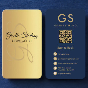 Cartão De Visita Artista Dourado Marinho Azul QR Código Monograma