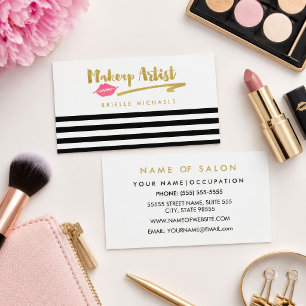 Cartão De Visita Artista Makeup Black White Stripes Com Lábios Rosa