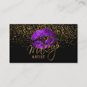 Cartão De Visita Artista Makeup com Confetti Dourado e Lábios Roxo