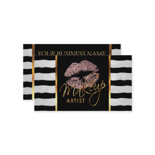 Cartão De Visita Artista Makeup com Stripes e Lábios Rosa poeirento