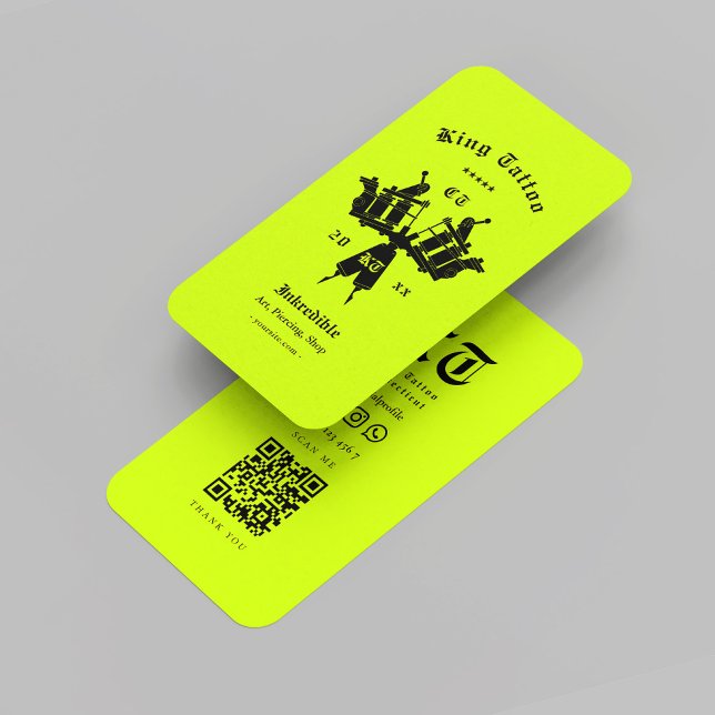 Cartão De Visita Artista Moderno Tatuador Neon Yellow Tattoo Machin (Modern Tattoo Artist Monogram Tattoo Machine Neon Yellow Business Card
)