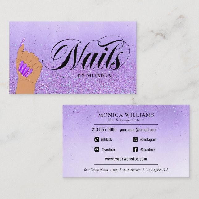 Cartão De Visita Artista Nail Manicure Tech Purple Glam Glitter Nai (Frente/Verso)
