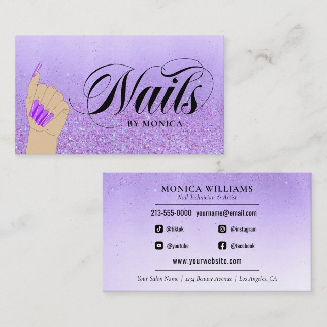 Cartão De Visita Artista Nail Manicure Tech Purple Glam Glitter Nai (Frente/Verso)