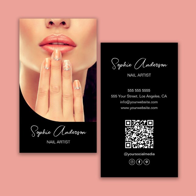 Cartão De Visita Artista Nail Moderno Preto (Modern Nail Artist Black Business Card)