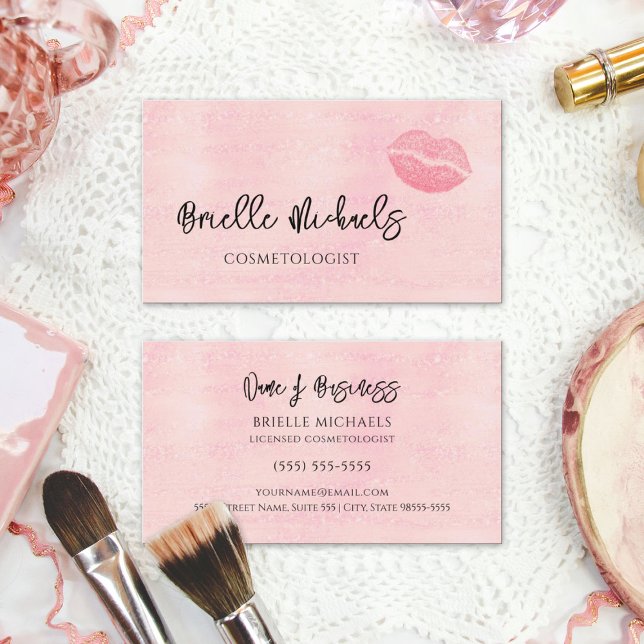 Cartão De Visita Artista Pearl Pearl Lipstick Kiss Cosmetology (Makeup Artist Pearl Pink Lipstick Kiss Cosmetology Business Cards)