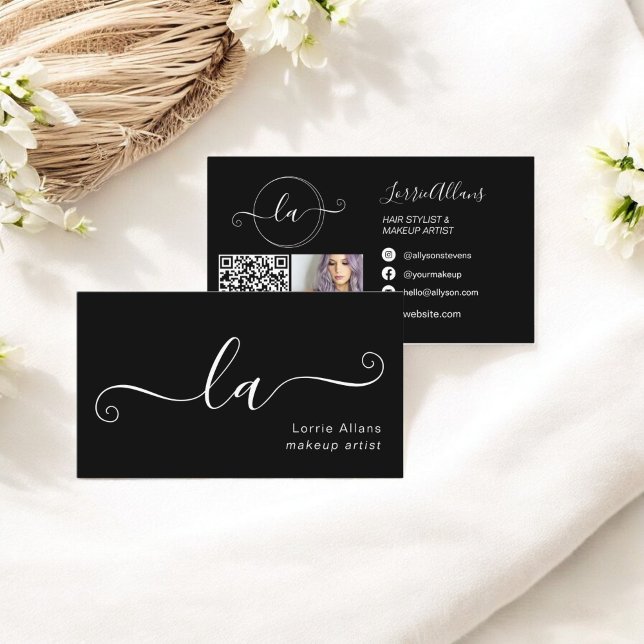Cartão De Visita Artista Simples Black Minimalist Foto Qr Makeup (Simple Black Minimalist Photo Qr Makeup Artist Business Card)