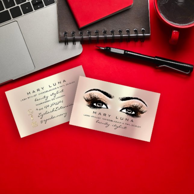 Cartão De Visita Artista Torneira Anões Lashes Pêssego Rosa Dourado (Makeup Artist Eyebrows Lashes Peach Rose Gold Business Card)