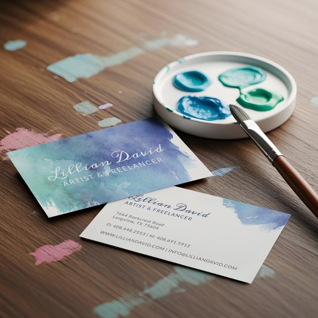 Cartão De Visita Artístico de Wash de Cor de Água Azul e Teal (Blue & Teal Watercolour Wash Artistic Business Card)