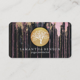 Cartão De Visita Árvore de Aquarela Dourada Elegante Yoga e Meditaç