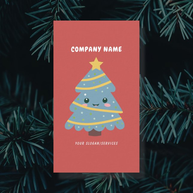 Cartão De Visita Árvore de Natal Cura Vermelha Vertical (Cute Christmas Tree Business Card)