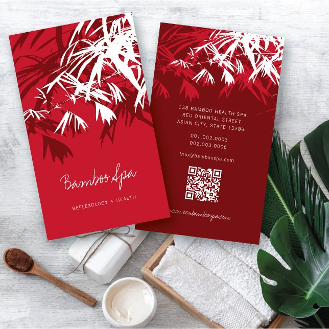 Cartão De Visita Ásia Vermelho Bamboo Deixa Oriental moderno Spa (Oriental Asian Bamboo Leaves Modern Zen Spa Business Card / Profile Card @ fatfatin_red_knot)