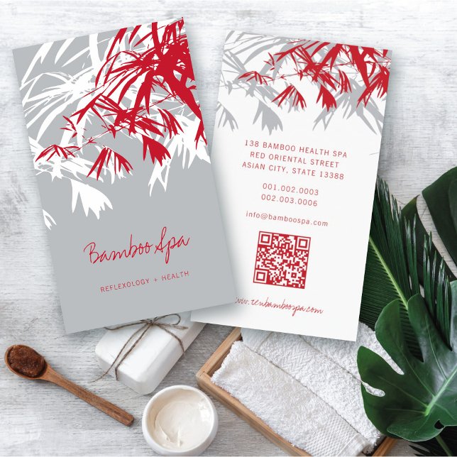 Cartão De Visita Ásia Vermelho Bamboo Deixa Oriental moderno Spa (Oriental Asian Bamboo Leaves Modern Zen Spa Business Card / Profile Card @ fatfatin_red_knot)
