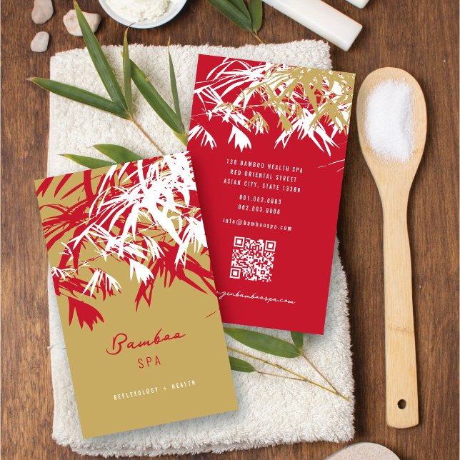 Cartão De Visita Ásia Vermelho Bamboo Deixa Oriental moderno Spa (Oriental Asian Bamboo Leaves Modern Zen Spa Business Card / Profile Card @ fatfatin_red_knot)