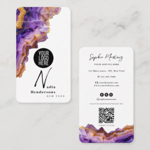 Cartão De Visita Assinatura em mármore de Ágata Roxa e logotipo QR